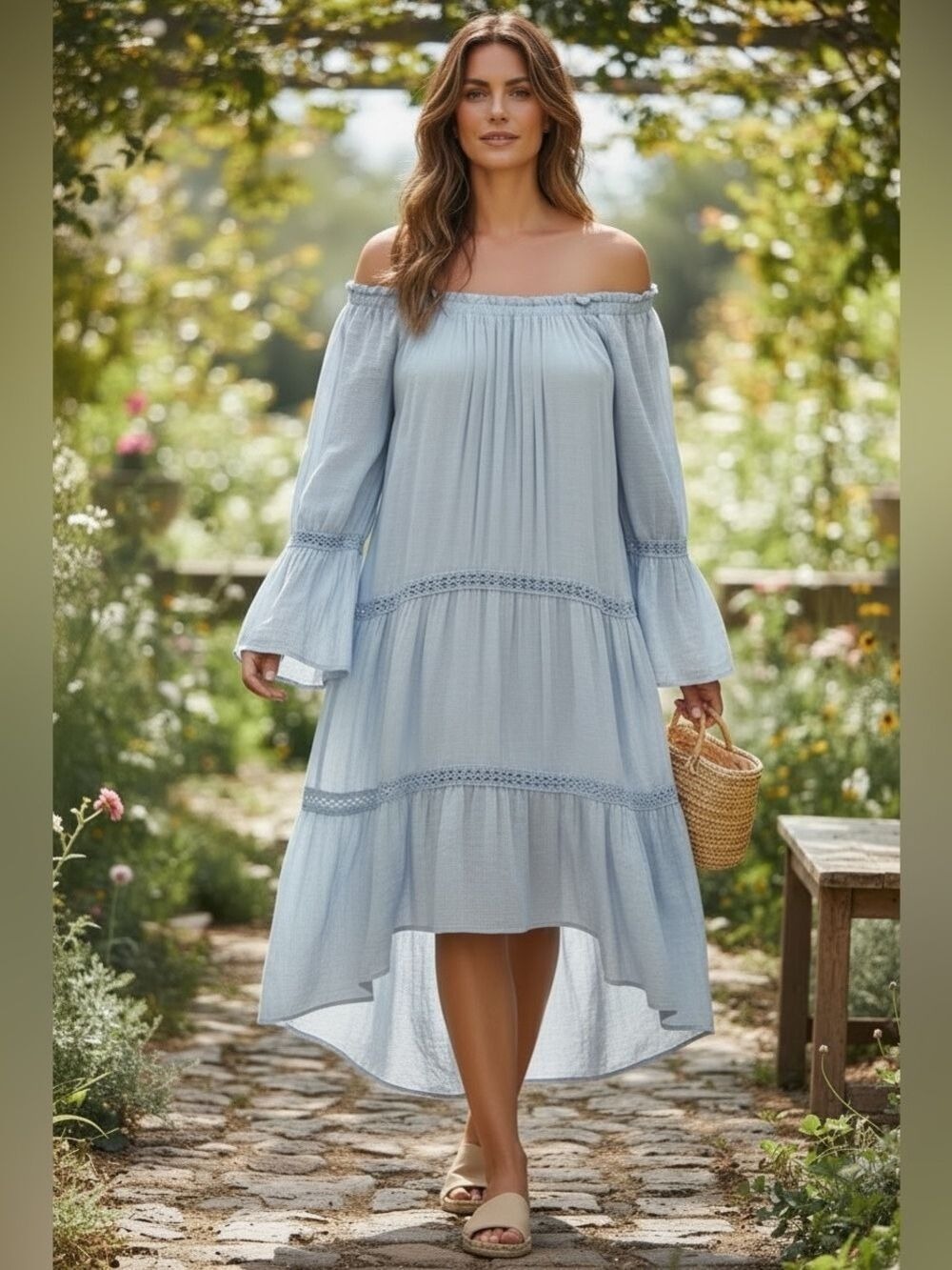 VTG SOL & SEA SKY BLUE SEMI SHEER TIERED PEASANT DRESS COASTAL COTTAGECORE SZ L